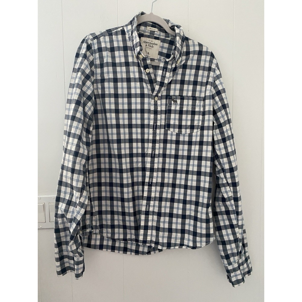 Abercrombie & Fitch Muscle Long Sleeve‎ Men's XL Button Up White Blue Gray Plaid